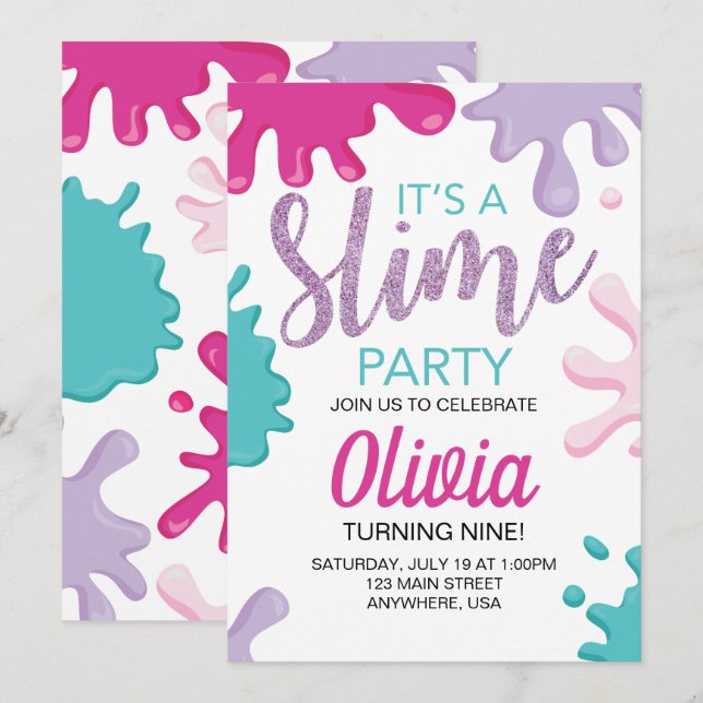 Convite Festa de aniversário com purpurina de Slime Rosa (Frente/Verso)