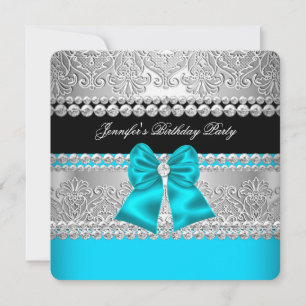Convite Festa de Aniversário com Renda Diamante Azul Turqu