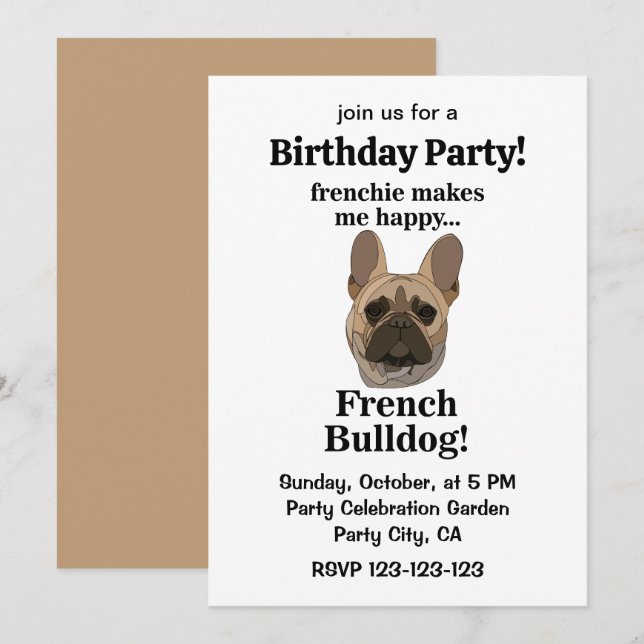 Convite Festa de Aniversário com Rosto de Bulldog Francês (Frente/Verso)