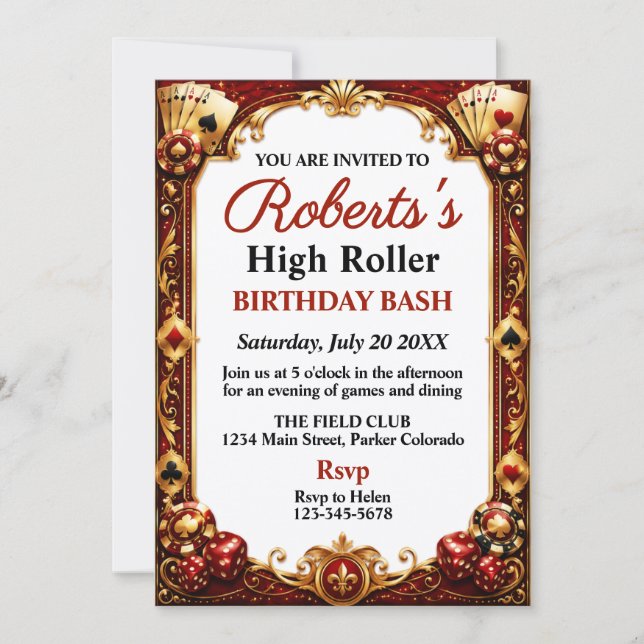 Convite Festa de Aniversário com Tema de Cassino, Ficha de (Frente)