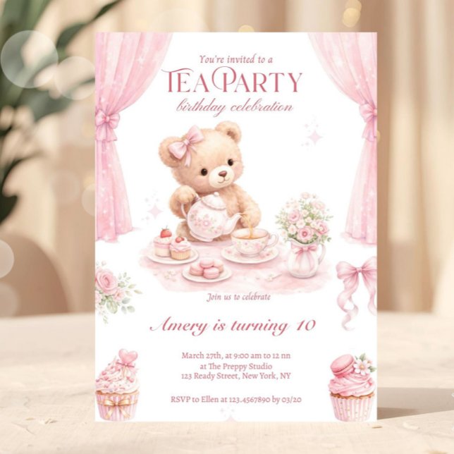 Convite Festa de Aniversário com Tema de Chá da Ursa Teddy (tea party invitation, teddy bear birthday, pink birthday invite, girl tea party, floral birthday inv)