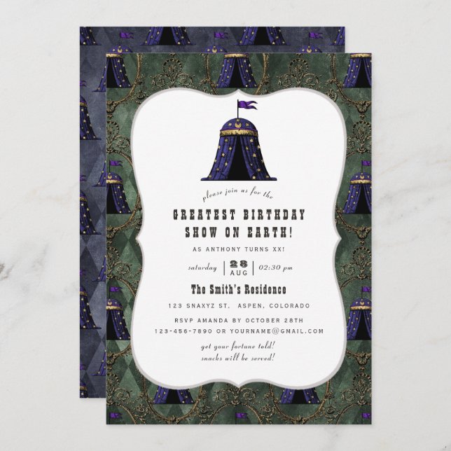 Convite Festa de Aniversário com Tema de Circo Antigo (Frente/Verso)