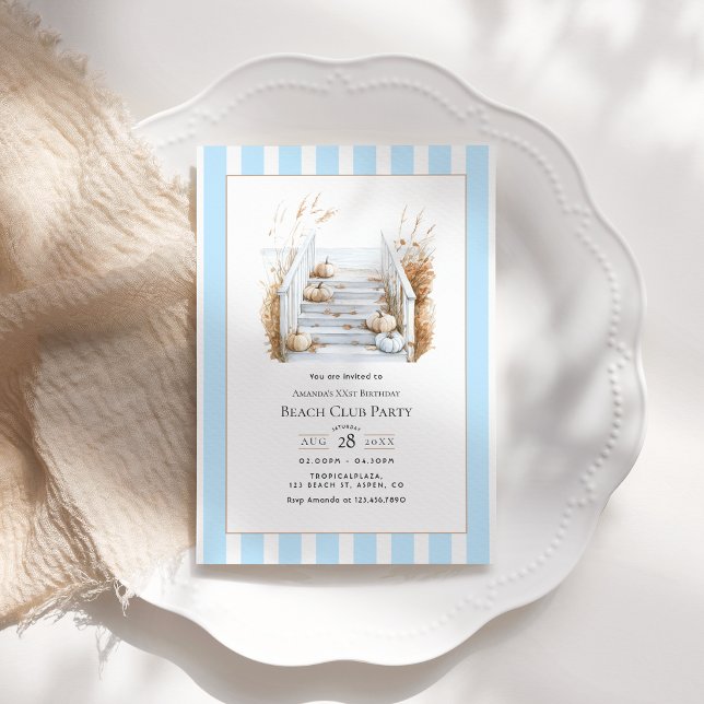 Convite Festa de Aniversário com Tema de Clube de Praia de (Coastal Chic Fall Beach Club Birthday Party Invitation)