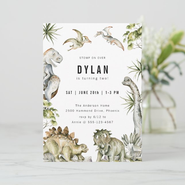 Convite Festa de Aniversário com Tema de Dinossauros (Em pé/Frente)
