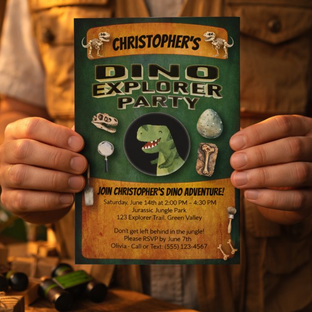 Convite Festa de Aniversário com Tema de Dinossauros (Dino Explorer Dinosaur Themed Part Invitation. Invite guests to discovery, stomp and roar. )