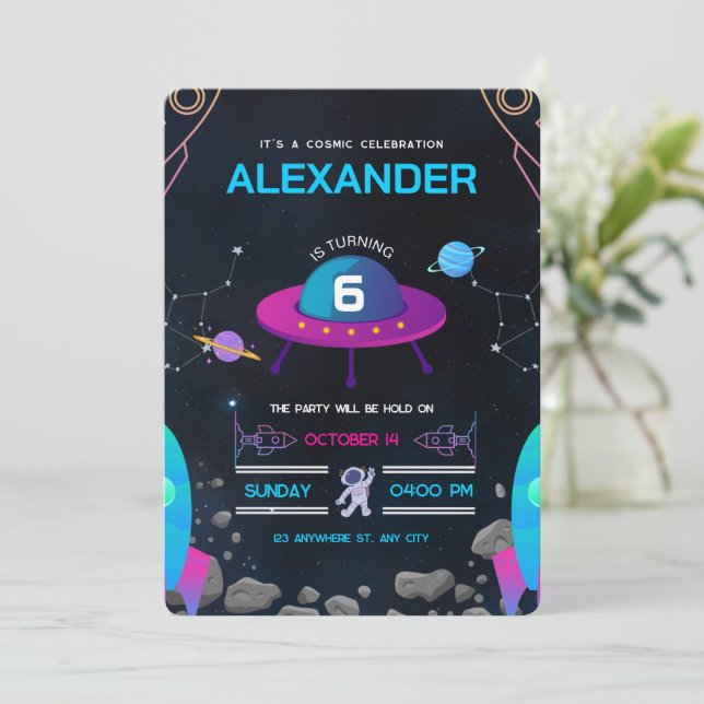 Convite Festa de Aniversário com Tema Espacial Rosa e Pret (Em pé/Frente)