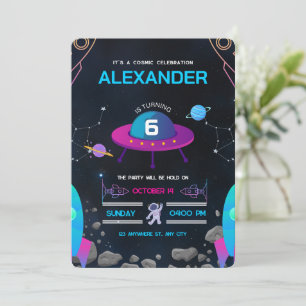 Convite Festa de Aniversário com Tema Espacial Rosa e Pret