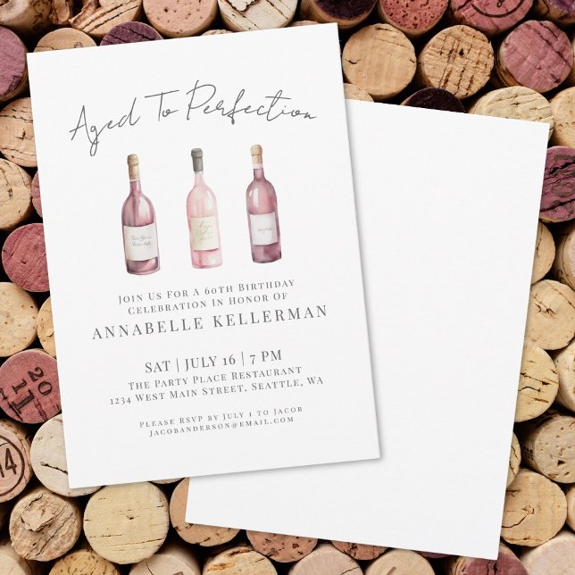 Convite Festa de Aniversário com Vinho Rosa Elegante (Wine Simple Sixty 60th Birthday Party Invitation)