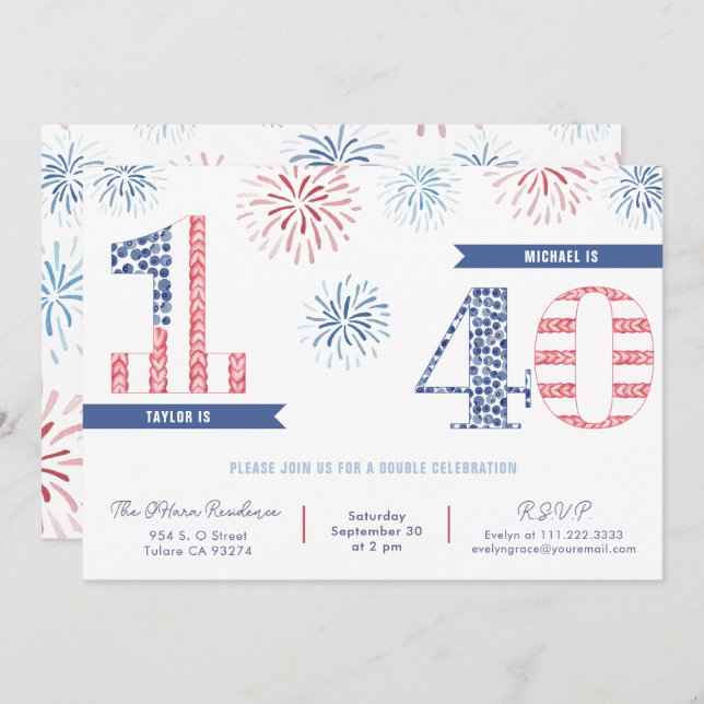 Convite Festa de aniversário Comum Azul Vermelho 4 De Julh (Frente/Verso)