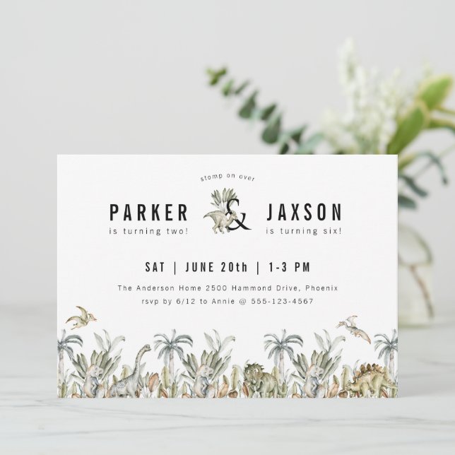 Convite Festa de aniversário comum do tema dinossauro (Em pé/Frente)