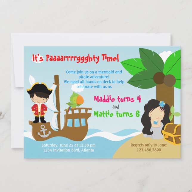 Convite Festa de aniversário comum dos gêmeos da sereia e (Frente)