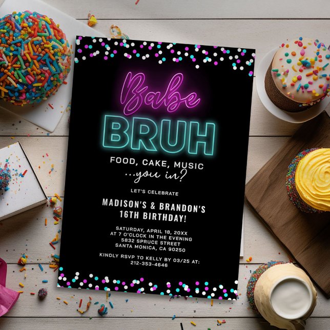 Convite Festa de Aniversário Conjunta Adolescente Neon (Criador carregado)