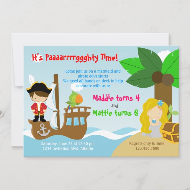Convite Festa de aniversário conjunta das gêmeas Mermaid e (Frente)