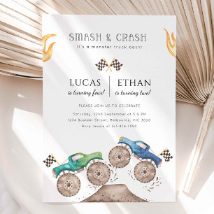 Convite Festa de aniversário Conjunta Monster Truck Siblin