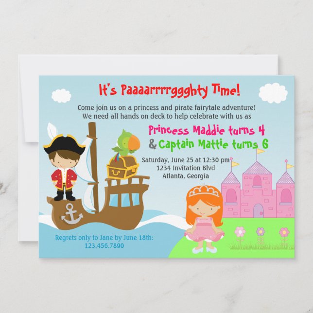 Convite Festa de aniversário conjunta Princesa e Gêmeos Pi (Frente)