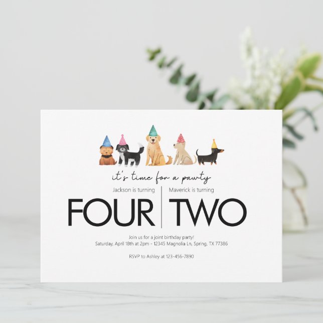 Convite Festa de aniversário conjunta - Tema branco (Em pé/Frente)