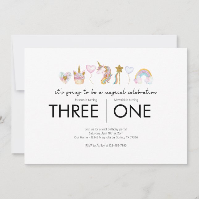 Convite Festa de aniversário conjunta - Tema Unicórnio (Frente)