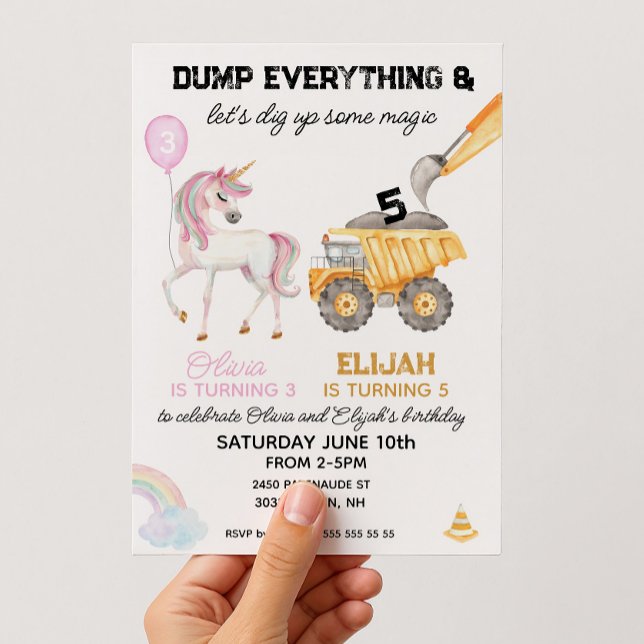 Convite Festa de Aniversário Conjunta Unicórnio e Construç (Joint birthday sibling invitation construction and unicorn)
