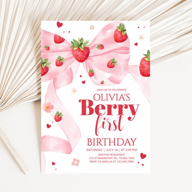 Convite Festa de aniversário Coquette de Morango (Strawberry Coquette Berry First Birthday Party Invitation)