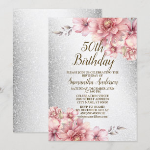 Convite Festa de aniversário Cor de Água Rosa Flores Brilh