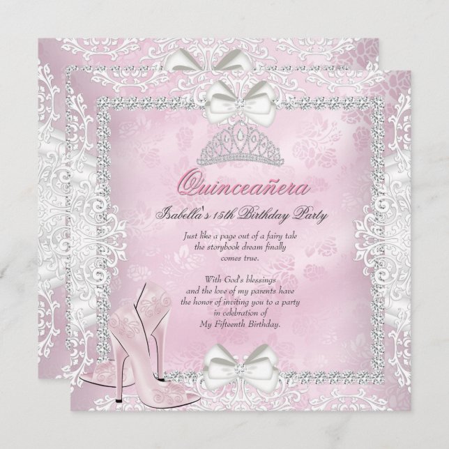 Convite Festa de aniversário cor-de-rosa-15 de Quinceanera (Frente/Verso)