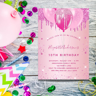 Convite Festa de aniversário cor-de-rosa com balões lumino