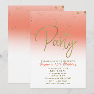 Convite Festa de Aniversário Coral e Dourado Moderno Glam 