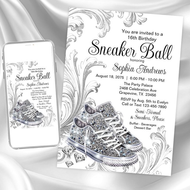Convite Festa de Aniversário da Bola de Tênis Brilhante co (Diamond sneakers sneaker ball invitation. Available for instant download and print.)