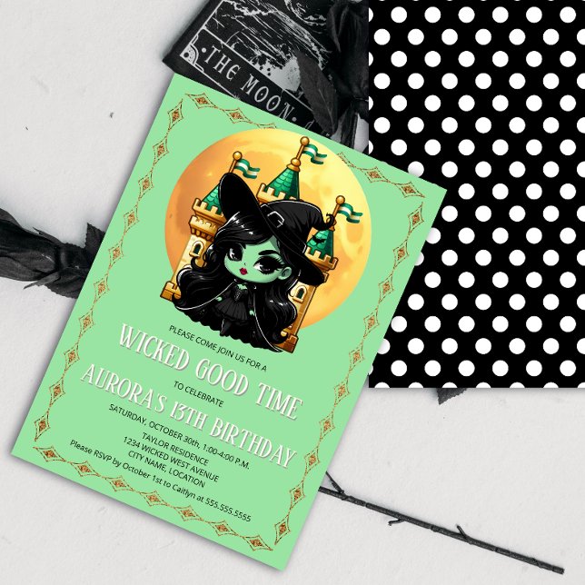 Convite Festa de Aniversário da Bruxa Verde Divertida (Little wicked green witch party invitation front and back view.)