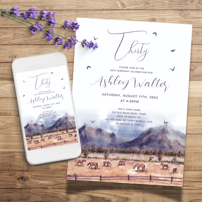 Convite Festa de aniversário da Etapa dos Cavalos (Landscape with horses birthday party invitation for any age)