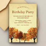 Convite Festa de aniversário da Floresta Rustic Fall Autum<br><div class="desc">Amaze seus convidados com este elegante convite de outono apresentando belas árvores de outono com tipografia moderna contra um pergaminho vintage. Basta adicionar os detalhes do seu evento neste modelo fácil de usar para torná-lo um convite de tipo único. Sacudir a placa para revelar uma textura rústica de madeira de...</div>