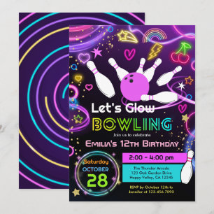 Convite Festa de Aniversário da Garota de Glow Bowling Neo