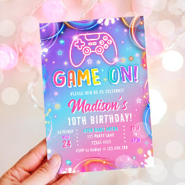 Convite Festa de Aniversário da Garota Neon Videogame Arca