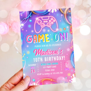 Convite Festa de Aniversário da Garota Neon Videogame Arca