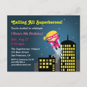 Convite Festa de Aniversário da Garota Super-Heroína Voado