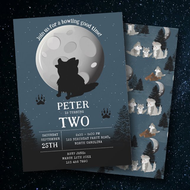 Convite Festa de Aniversário da Matilha de Lobos Fofos sob (Cute Wolf Pack Woodland Moon Howling Birthday Invitation)