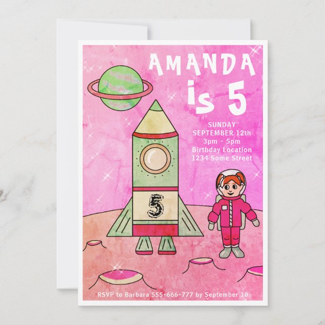 Convite Festa de Aniversário da Menina Astronauta com Fogu (Frente)