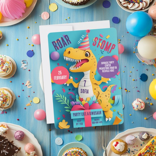 Convite Festa de Aniversário da Menina Dinossauro com Stom (Criador carregado)