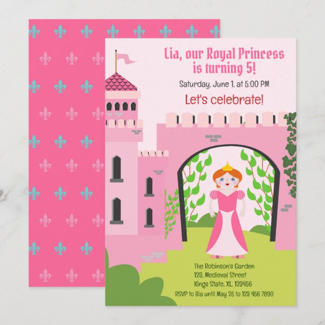 Convite Festa de Aniversário da Menina Princesa Real (Frente/Verso)