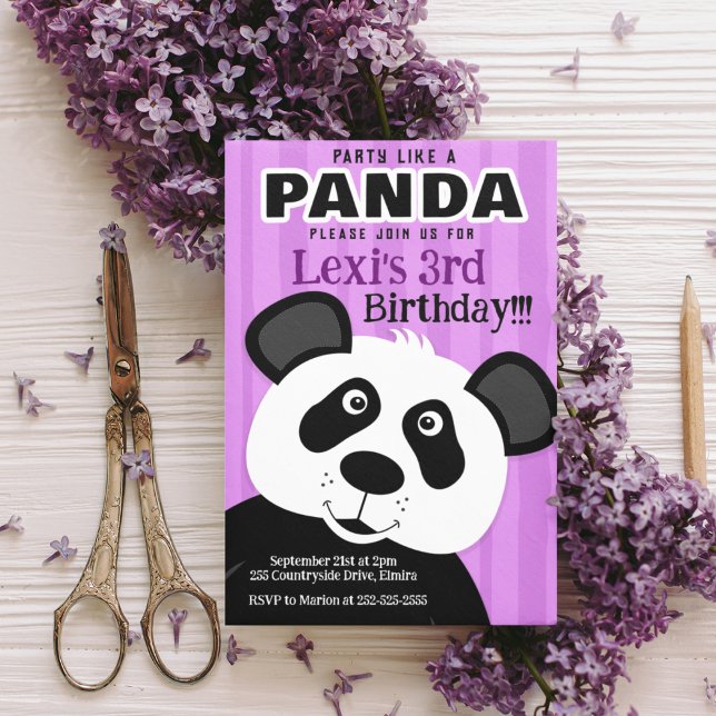 Convite Festa de Aniversário da Menina Roxa Panda como um  (Criador carregado)