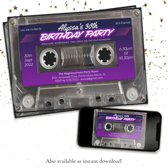 Convite Festa de aniversário da Mixtape de Cassete Pensada (Retro 80s Themed Cassette Mixtape Birthday Party Invitation)