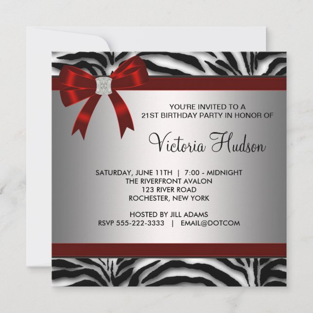 Convite Festa de Aniversário da Mulher Menina Zebra Vermel (Frente)