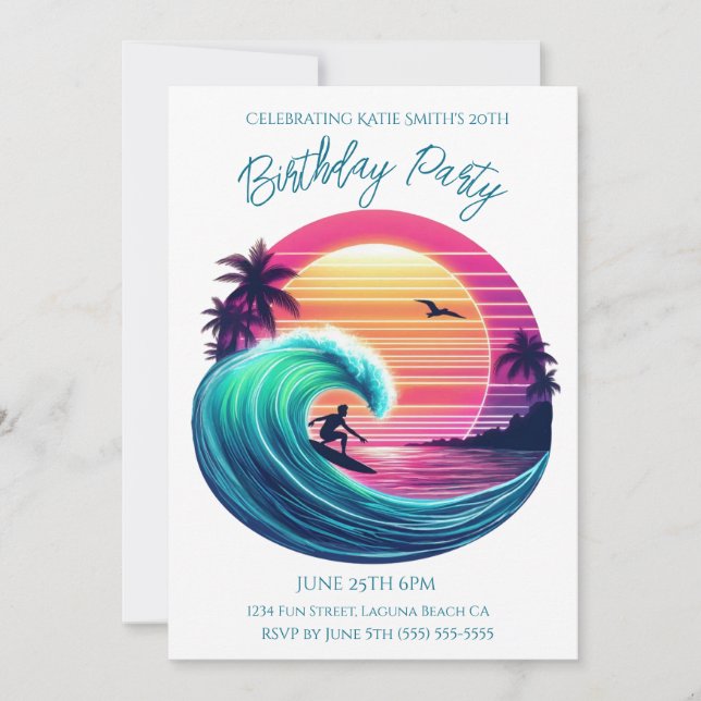 Convite Festa de aniversário da onda no pôr do sol (Frente)