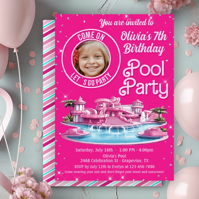 Convite Festa de aniversário da Piscina Doll Malibu (Cute Malibu doll pool party invitation with spot for photo. Any number - simply add your details.)