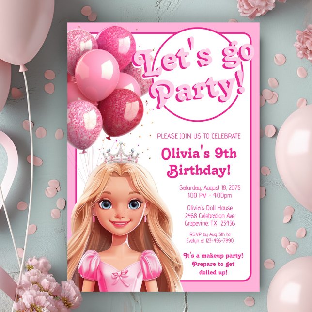 Convite Festa de Aniversário da Princesa Boneca de Moda (Cute pink princess doll any number birthday party invitation. )