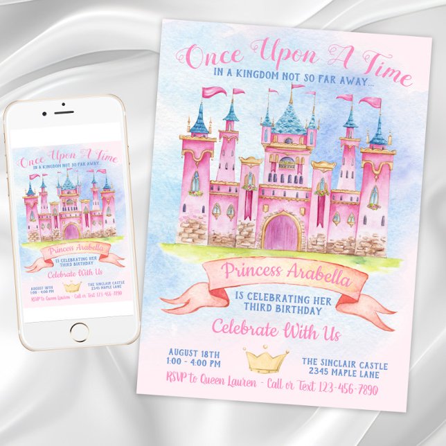 Convite Festa de Aniversário da Princesa Castelo Qualquer  (Princess Castle Any Number Princess Birthday Party Invitation. Download and printed invitations.)