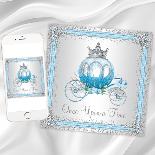 Convite Festa de Aniversário da Princesa Cinderela Azul (Cinderella Blue Princess Birthday Party Invitation with carriage. Digital and print available.)