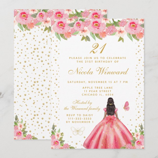 Convite Festa de Aniversário da Princesa de Pele Morena co (Frente/Verso)