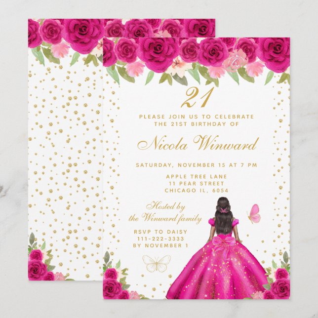 Convite Festa de Aniversário da Princesa de Pele Morena co (Frente/Verso)