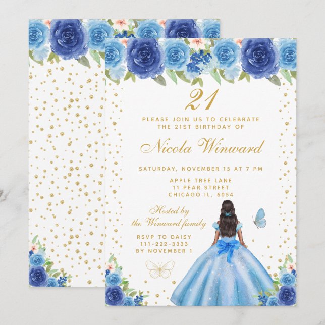 Convite Festa de Aniversário da Princesa de Pele Morena e  (Frente/Verso)